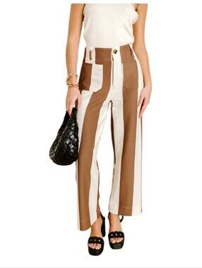 Style U Kendal High Waist Chocolate Brown Cream Stripe Pants L